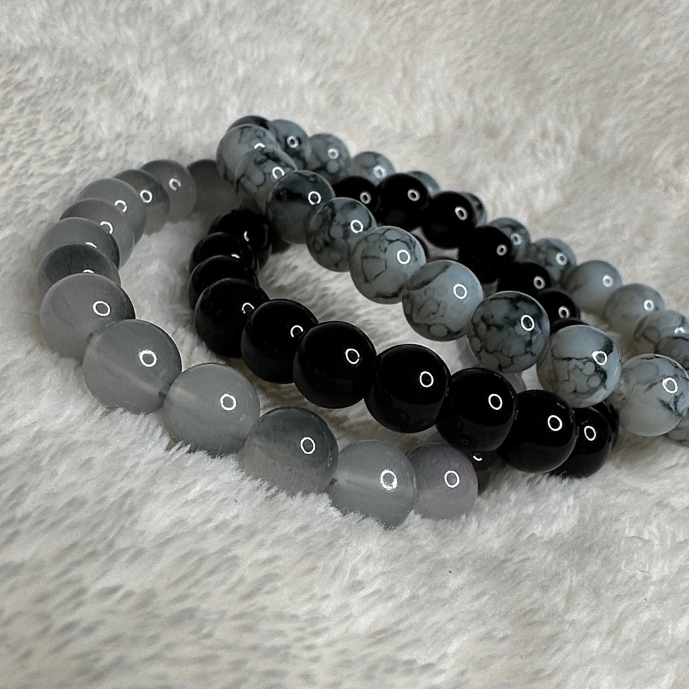 Bohemian Natural Stone Beads & Glass Beads Handmade Bracelet Set of 3 Black Grey